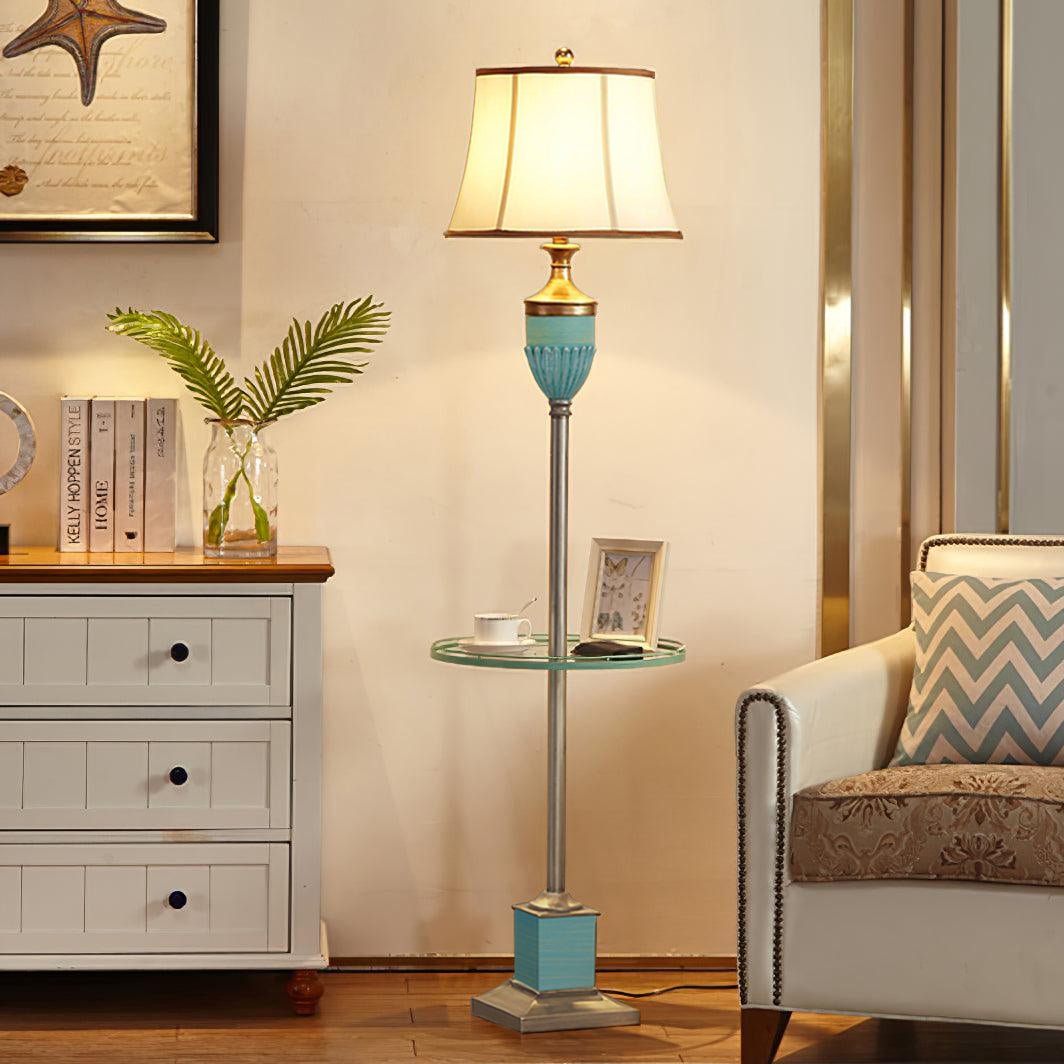 Art Deco Resin Floor Lamp with Fluted Base and White Fabric Shade for Home Decor