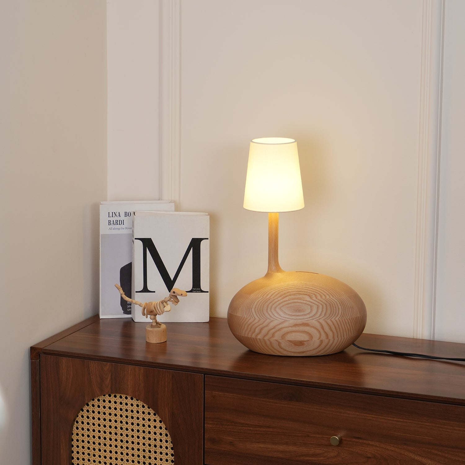 Modern Snail Design Wood Table Lamp with Round Base and White Fabric Shade for Bedroom