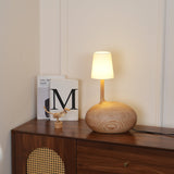 Modern Snail Design Wood Table Lamp with Round Base and White Fabric Shade for Bedroom