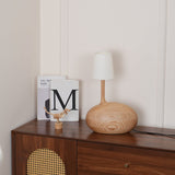 Modern Snail Design Wood Table Lamp with Round Base and White Fabric Shade for Bedroom