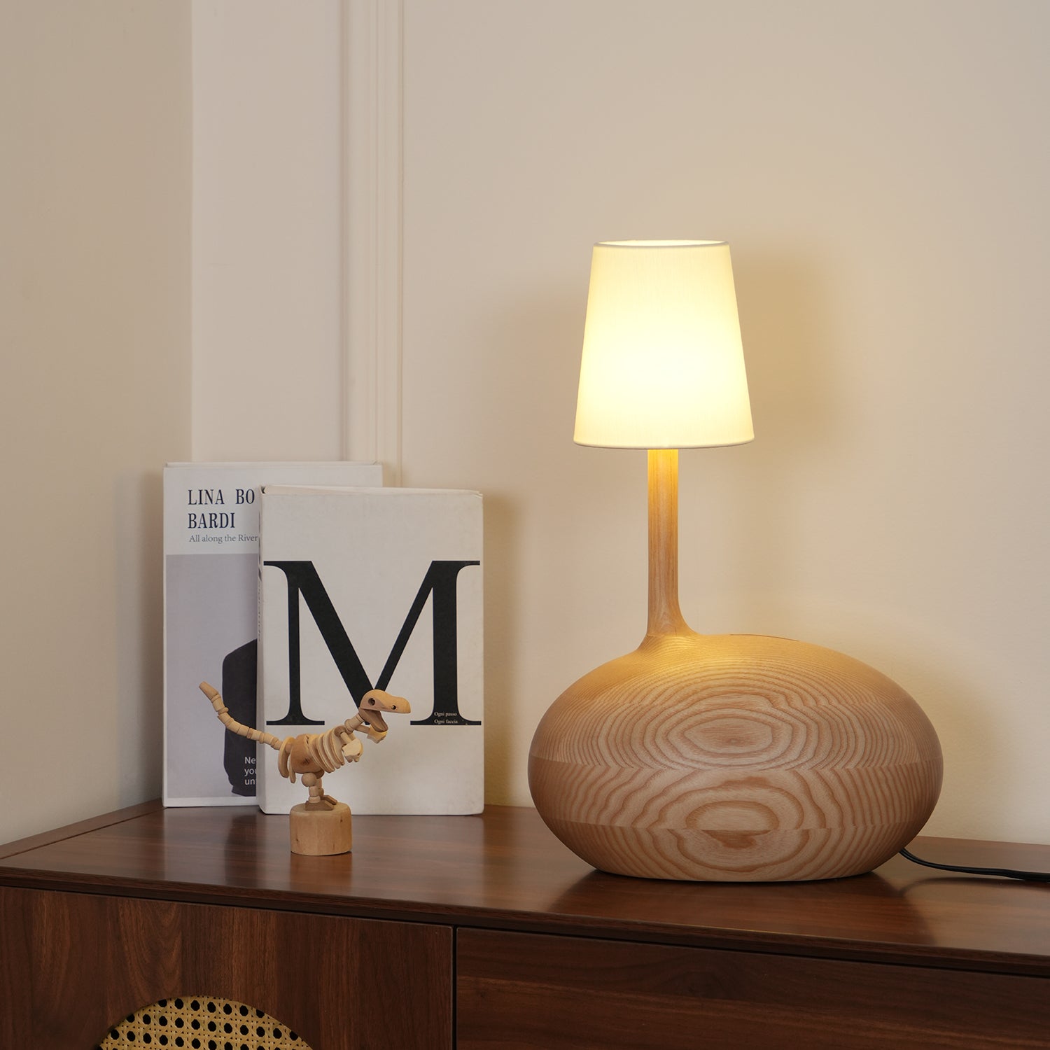 Modern Snail Design Wood Table Lamp with Round Base and White Fabric Shade for Bedroom