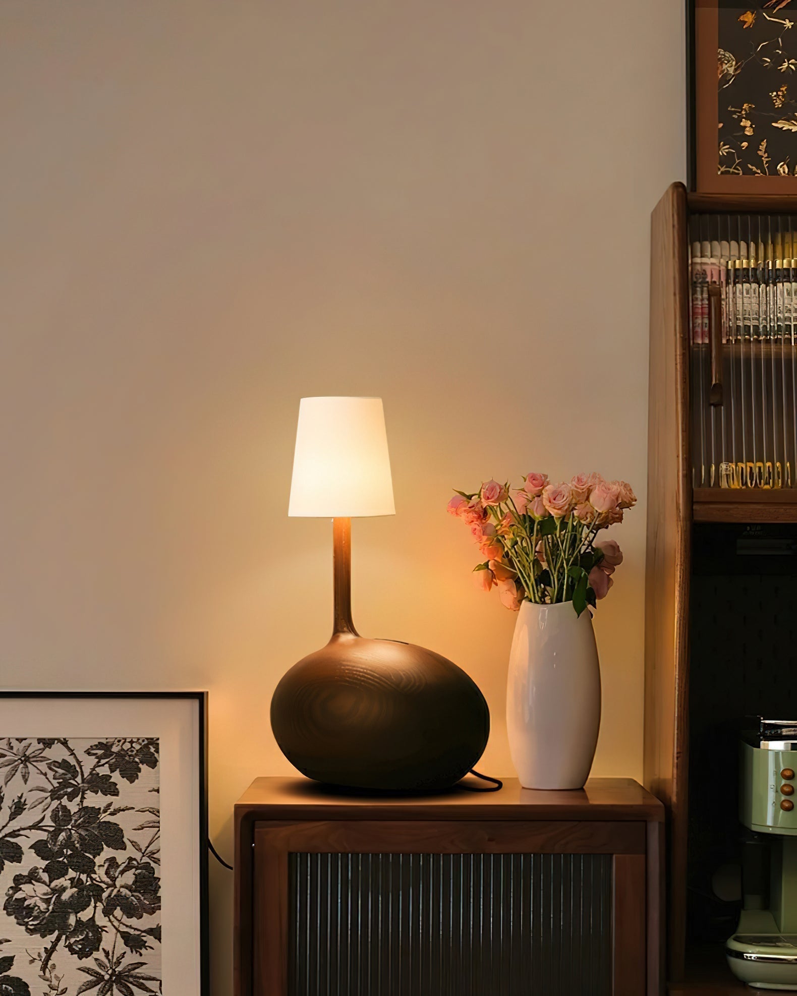 Modern Snail Design Wood Table Lamp with Round Base and White Fabric Shade for Bedroom