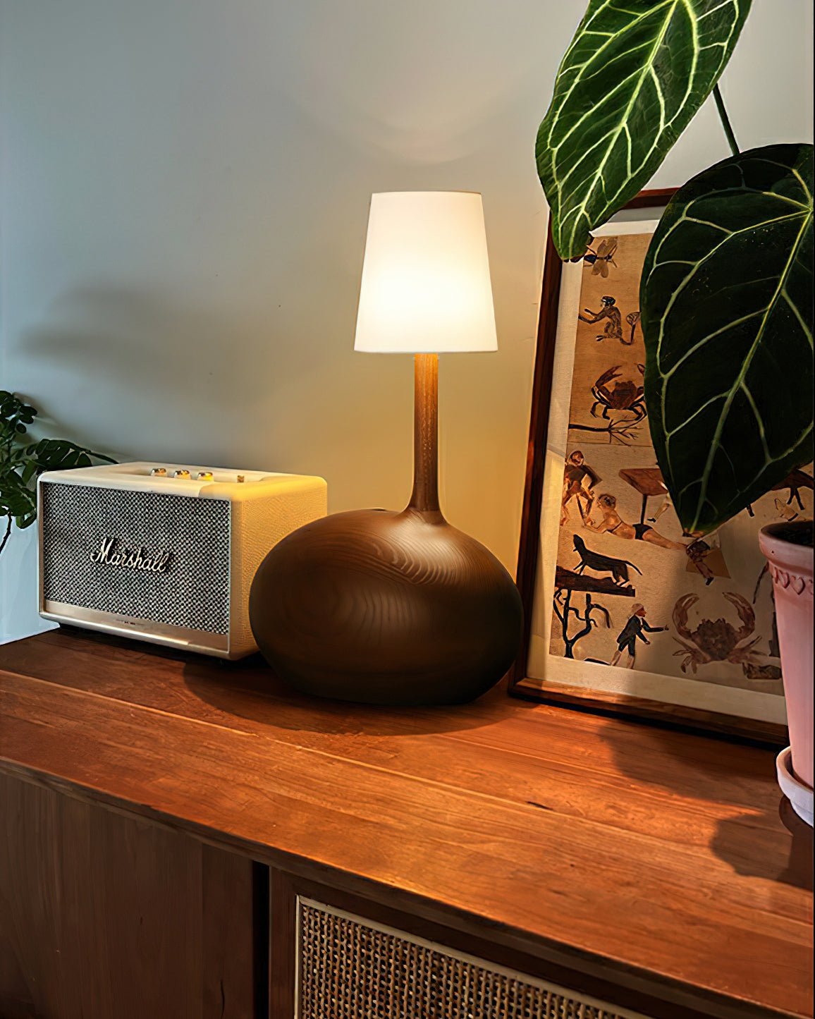 Modern Snail Design Wood Table Lamp with Round Base and White Fabric Shade for Bedroom