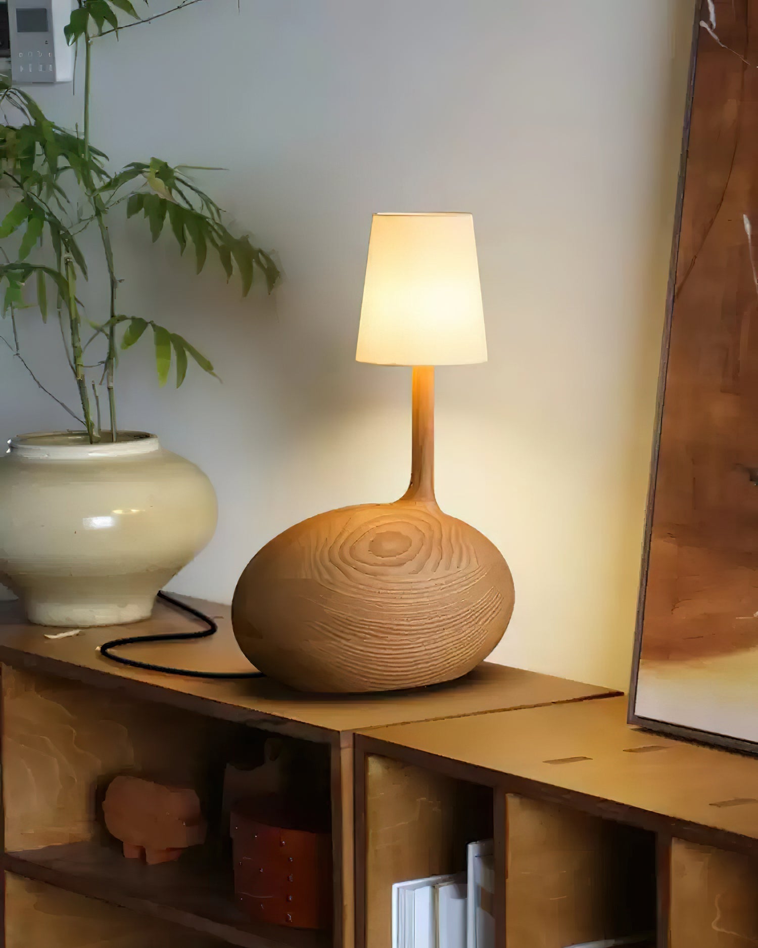 Modern Snail Design Wood Table Lamp with Round Base and White Fabric Shade for Bedroom