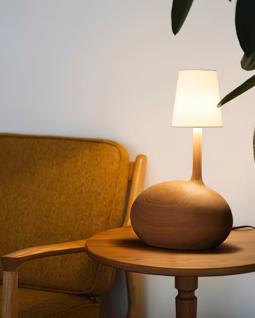 Modern Snail Design Wood Table Lamp with Round Base and White Fabric Shade for Bedroom