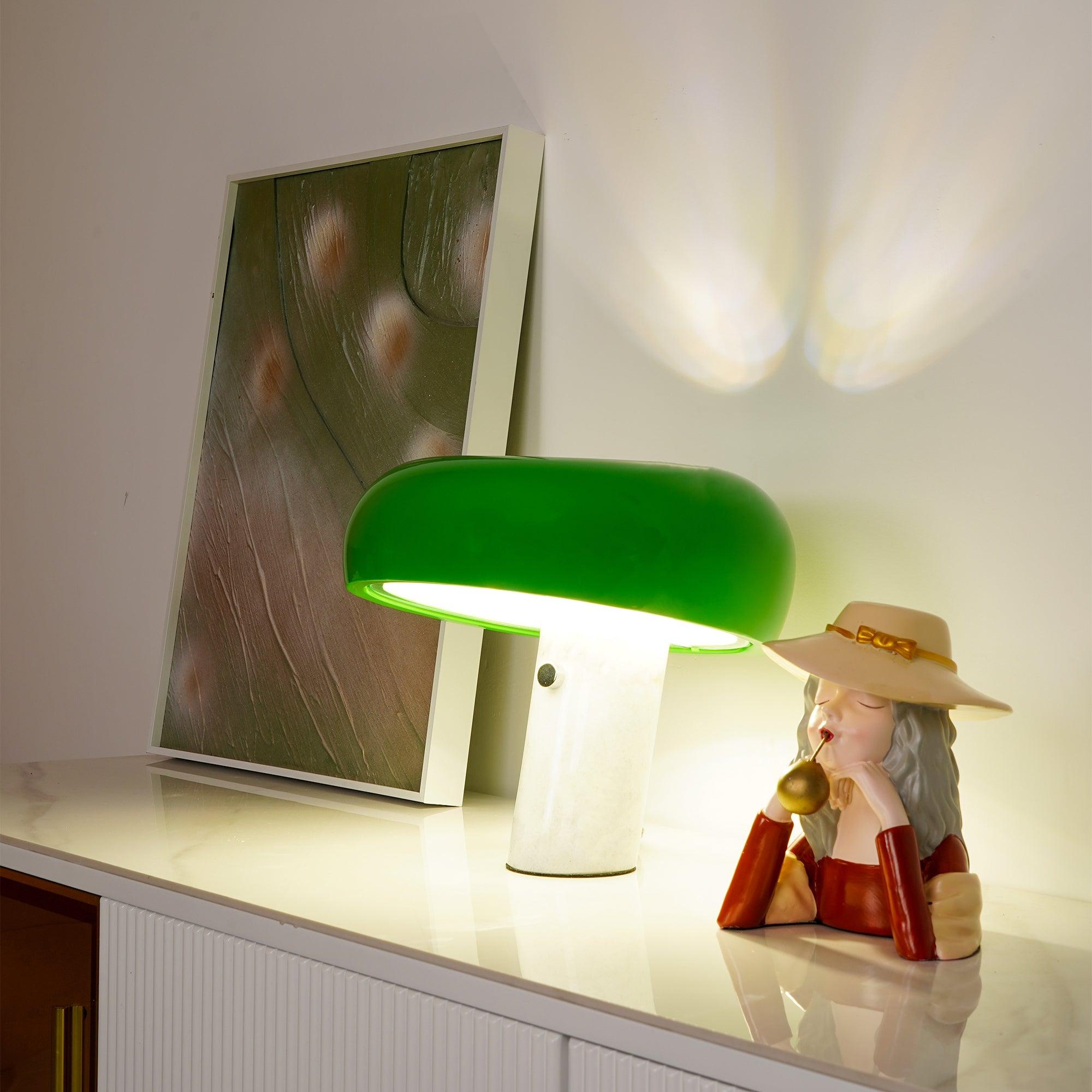 Modern Italian White Carrara Marble Table Lamp with Glazed Metal Mushroom Shade