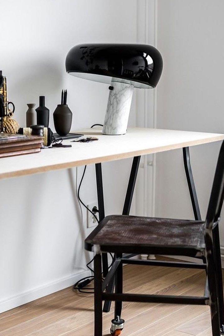 Modern Italian White Carrara Marble Table Lamp with Glazed Metal Mushroom Shade