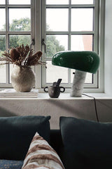 Modern Italian White Carrara Marble Table Lamp with Glazed Metal Mushroom Shade
