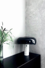 Modern Italian White Carrara Marble Table Lamp with Glazed Metal Mushroom Shade
