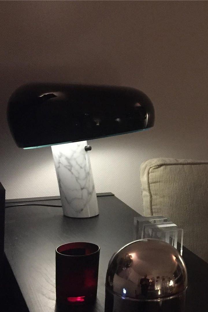 Modern Italian White Carrara Marble Table Lamp with Glazed Metal Mushroom Shade