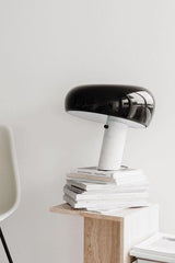 Modern Italian White Carrara Marble Table Lamp with Glazed Metal Mushroom Shade