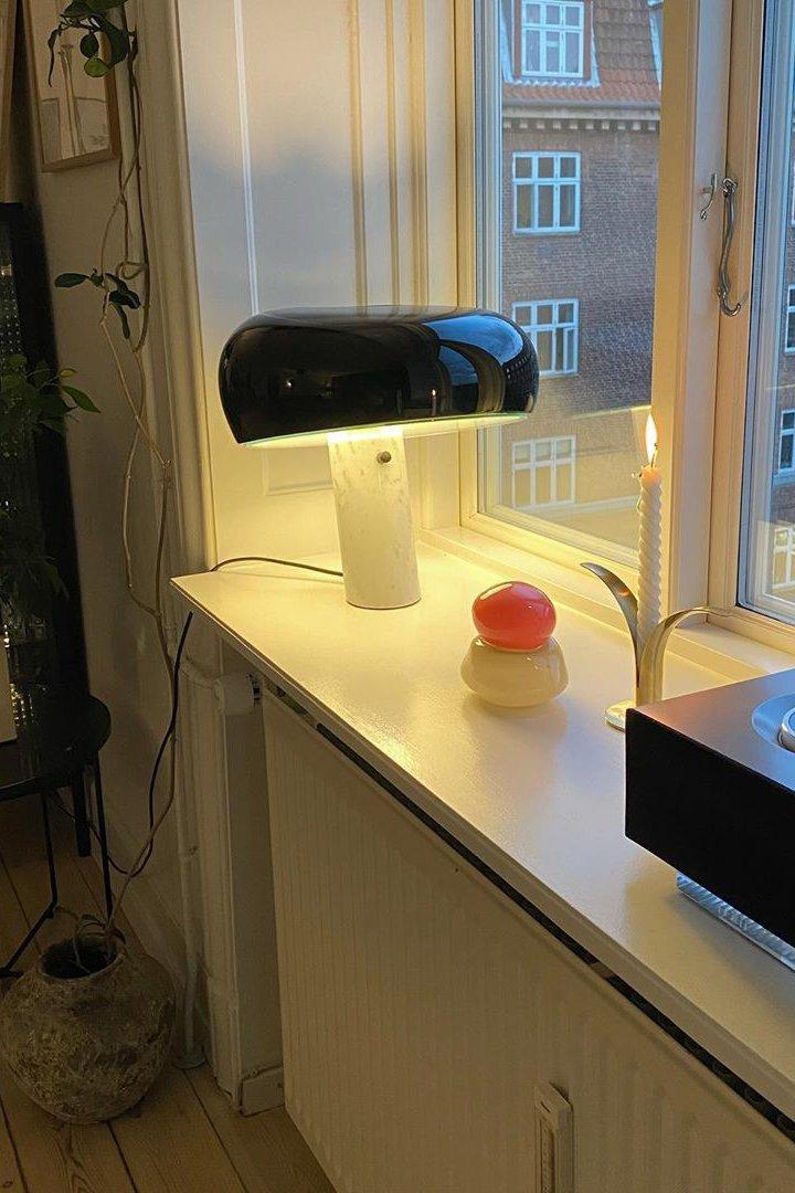 Modern Italian White Carrara Marble Table Lamp with Glazed Metal Mushroom Shade