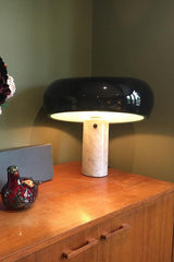 Modern Italian White Carrara Marble Table Lamp with Glazed Metal Mushroom Shade