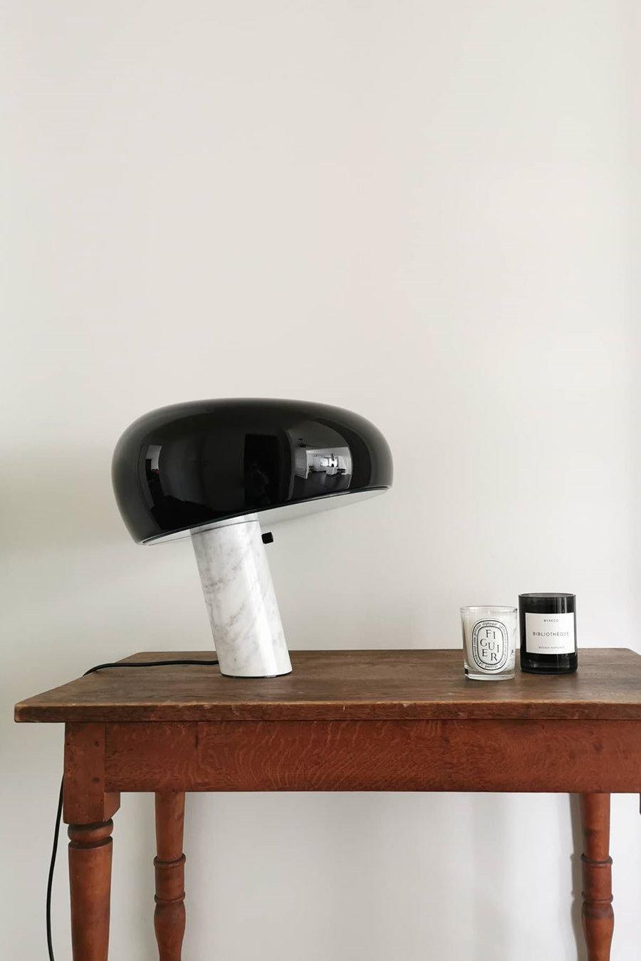 Modern Italian White Carrara Marble Table Lamp with Glazed Metal Mushroom Shade