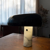 Modern Italian White Carrara Marble Table Lamp with Glazed Metal Mushroom Shade