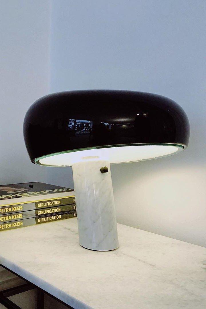 Modern Italian White Carrara Marble Table Lamp with Glazed Metal Mushroom Shade