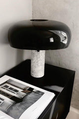 Modern Italian White Carrara Marble Table Lamp with Glazed Metal Mushroom Shade