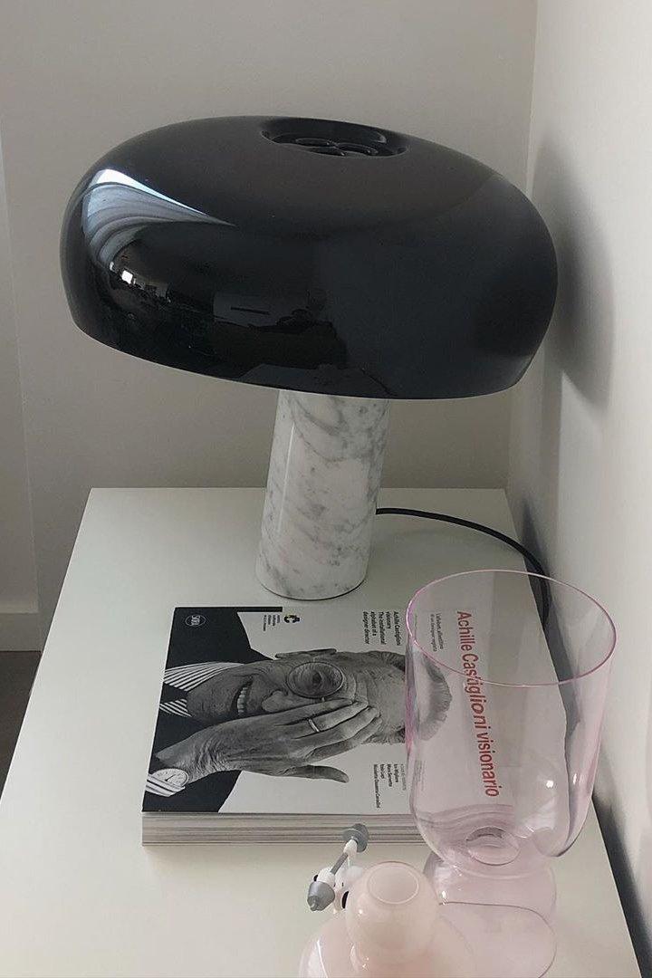 Modern Italian White Carrara Marble Table Lamp with Glazed Metal Mushroom Shade