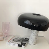 Modern Italian White Carrara Marble Table Lamp with Glazed Metal Mushroom Shade