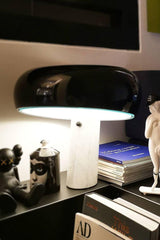 Modern Italian White Carrara Marble Table Lamp with Glazed Metal Mushroom Shade