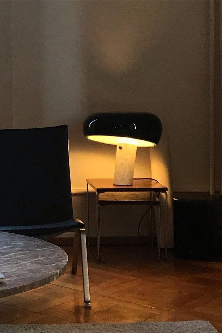 Modern Italian White Carrara Marble Table Lamp with Glazed Metal Mushroom Shade