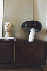 Modern Italian White Carrara Marble Table Lamp with Glazed Metal Mushroom Shade