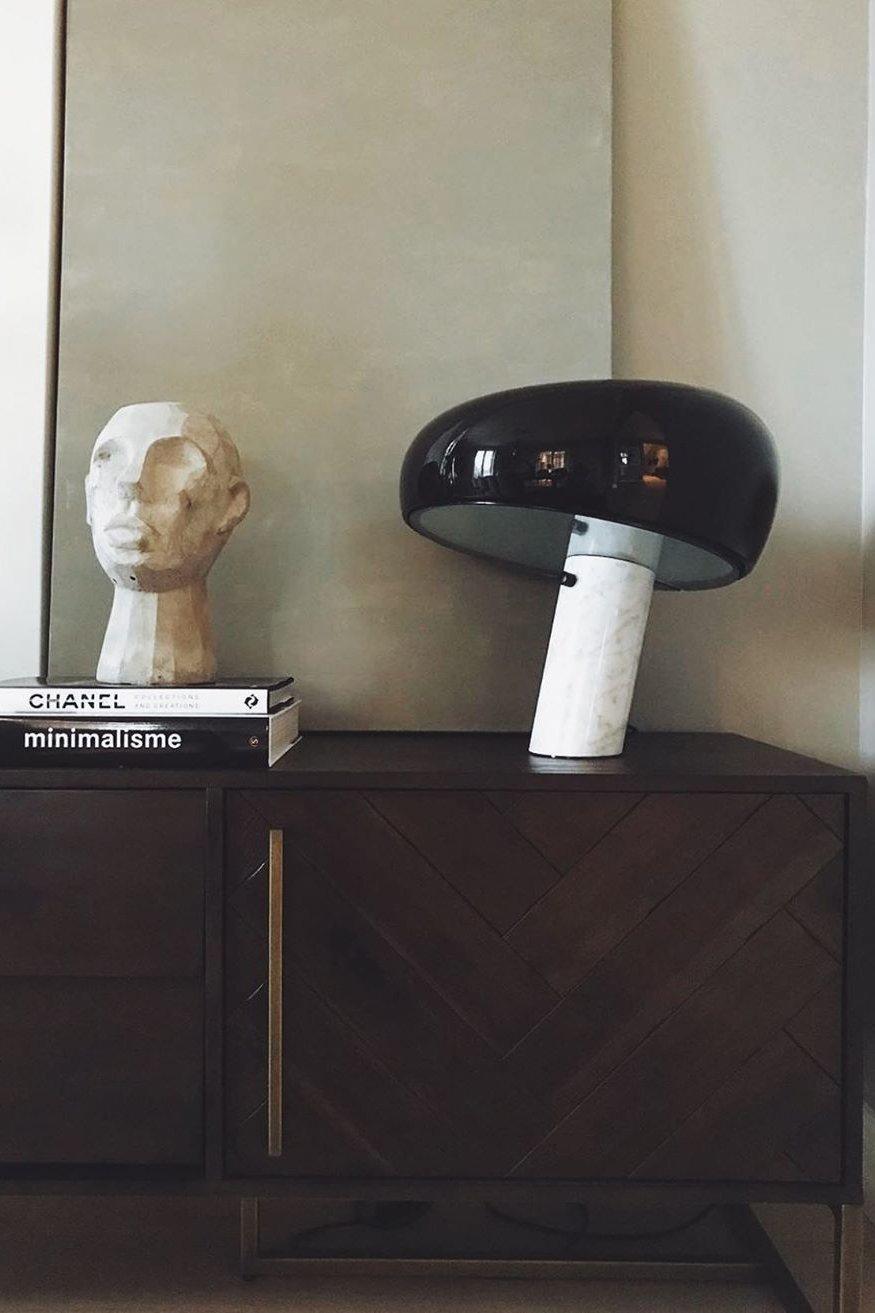 Modern Italian White Carrara Marble Table Lamp with Glazed Metal Mushroom Shade