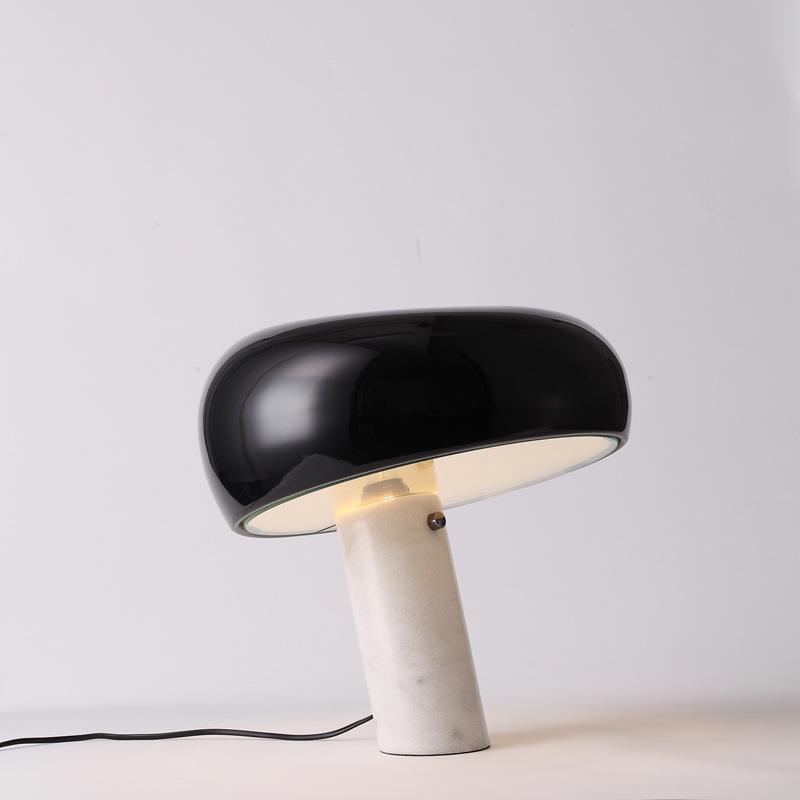 Modern Italian White Carrara Marble Table Lamp with Glazed Metal Mushroom Shade