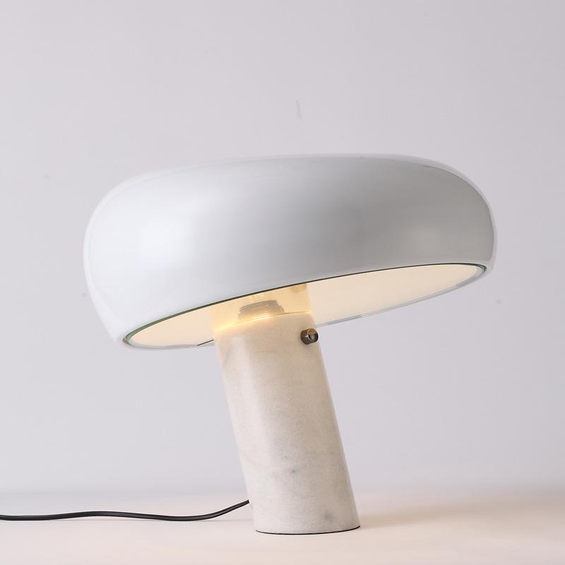 Modern Italian White Carrara Marble Table Lamp with Glazed Metal Mushroom Shade