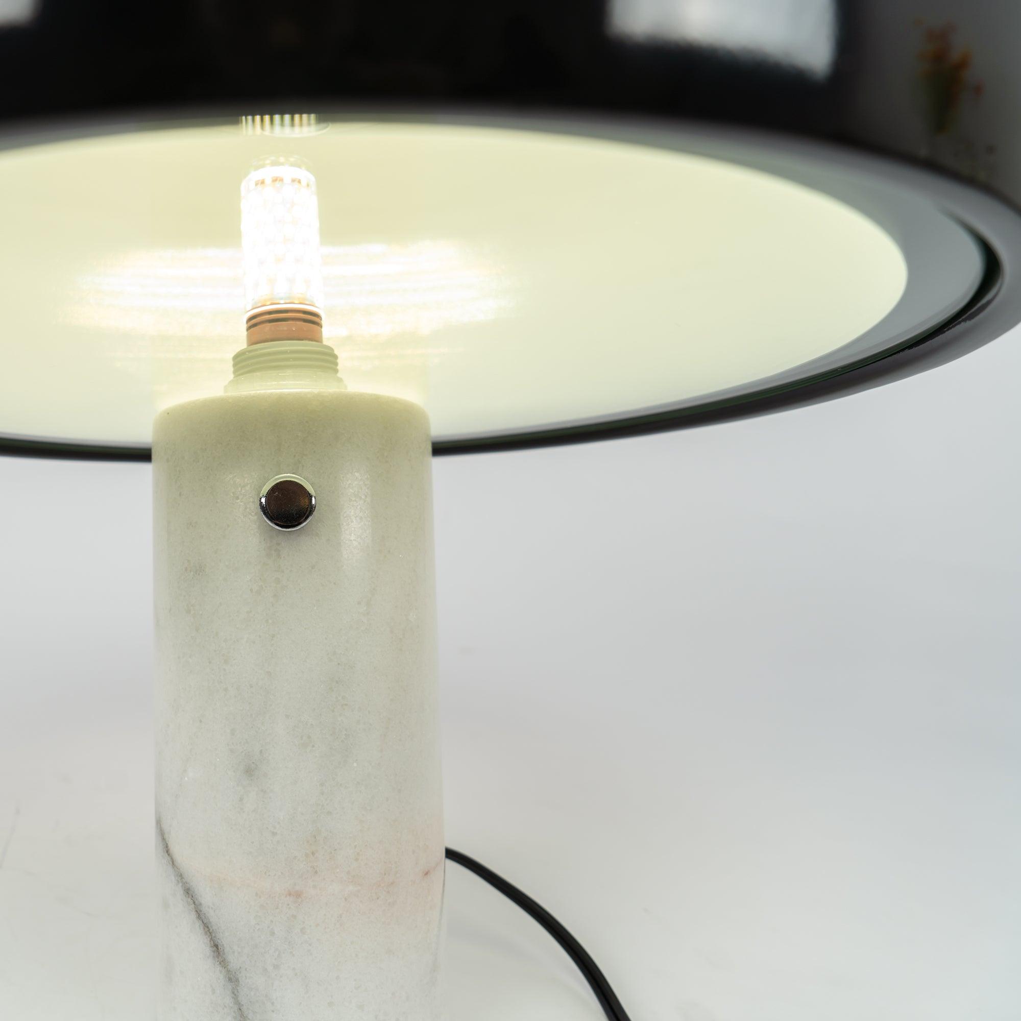 Modern Italian White Carrara Marble Table Lamp with Glazed Metal Mushroom Shade
