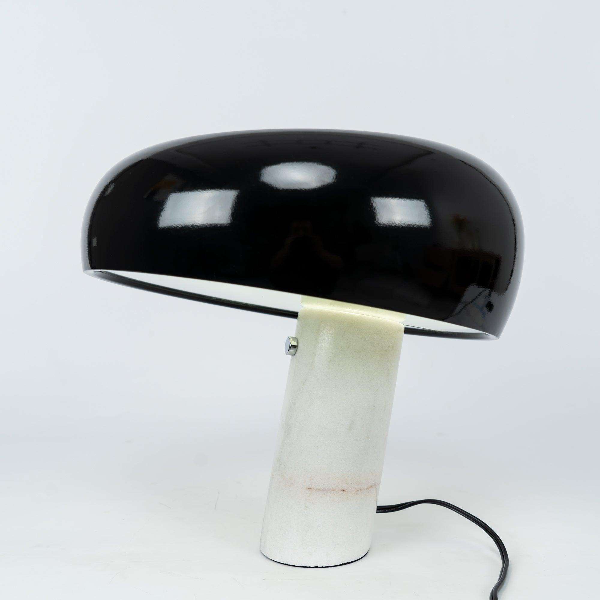 Modern Italian White Carrara Marble Table Lamp with Glazed Metal Mushroom Shade