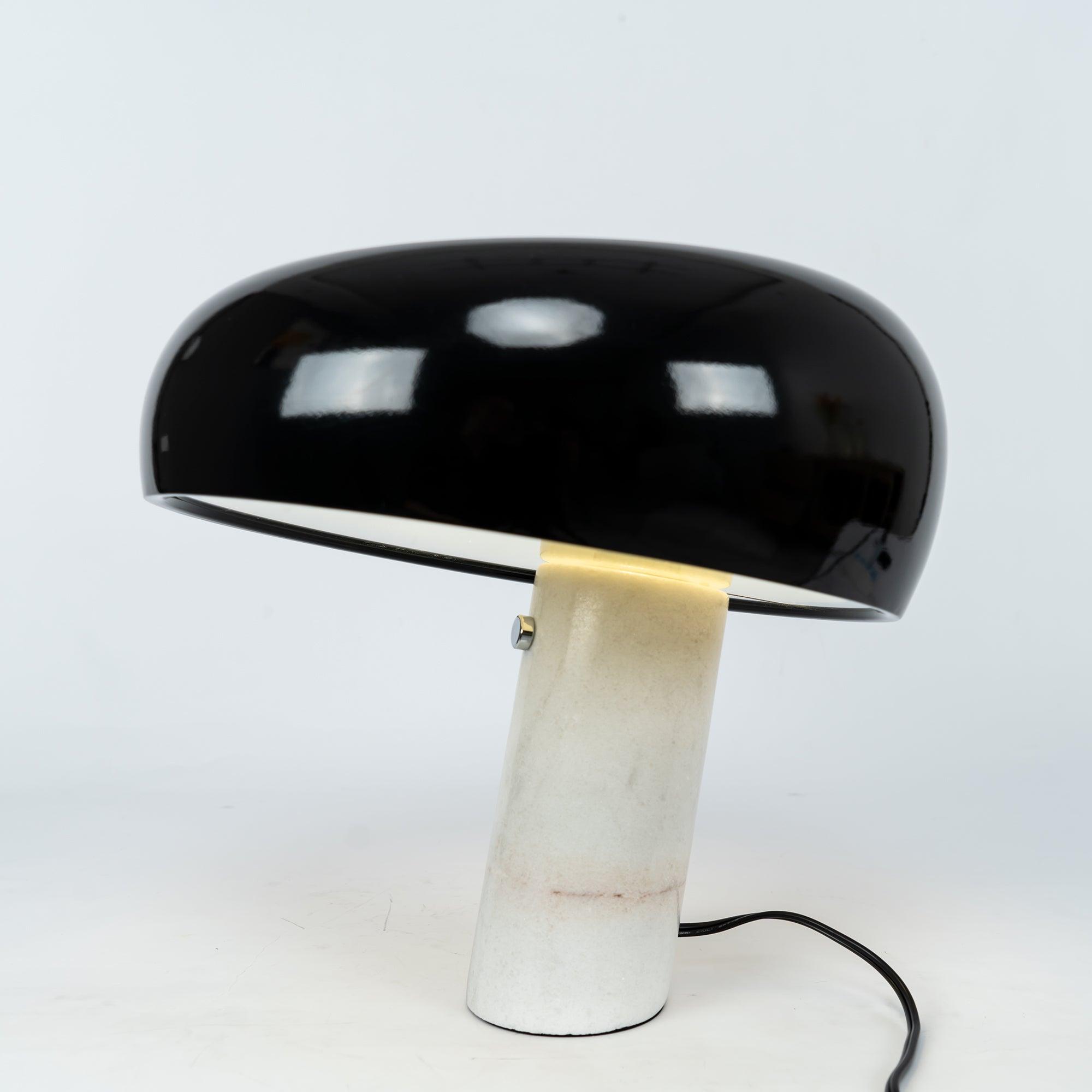 Modern Italian White Carrara Marble Table Lamp with Glazed Metal Mushroom Shade