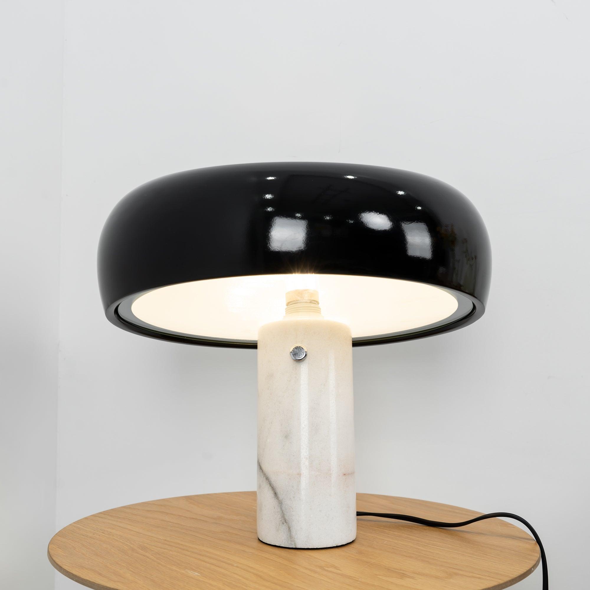 Modern Italian White Carrara Marble Table Lamp with Glazed Metal Mushroom Shade