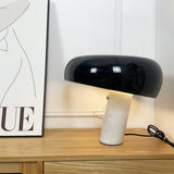 Modern Italian White Carrara Marble Table Lamp with Glazed Metal Mushroom Shade