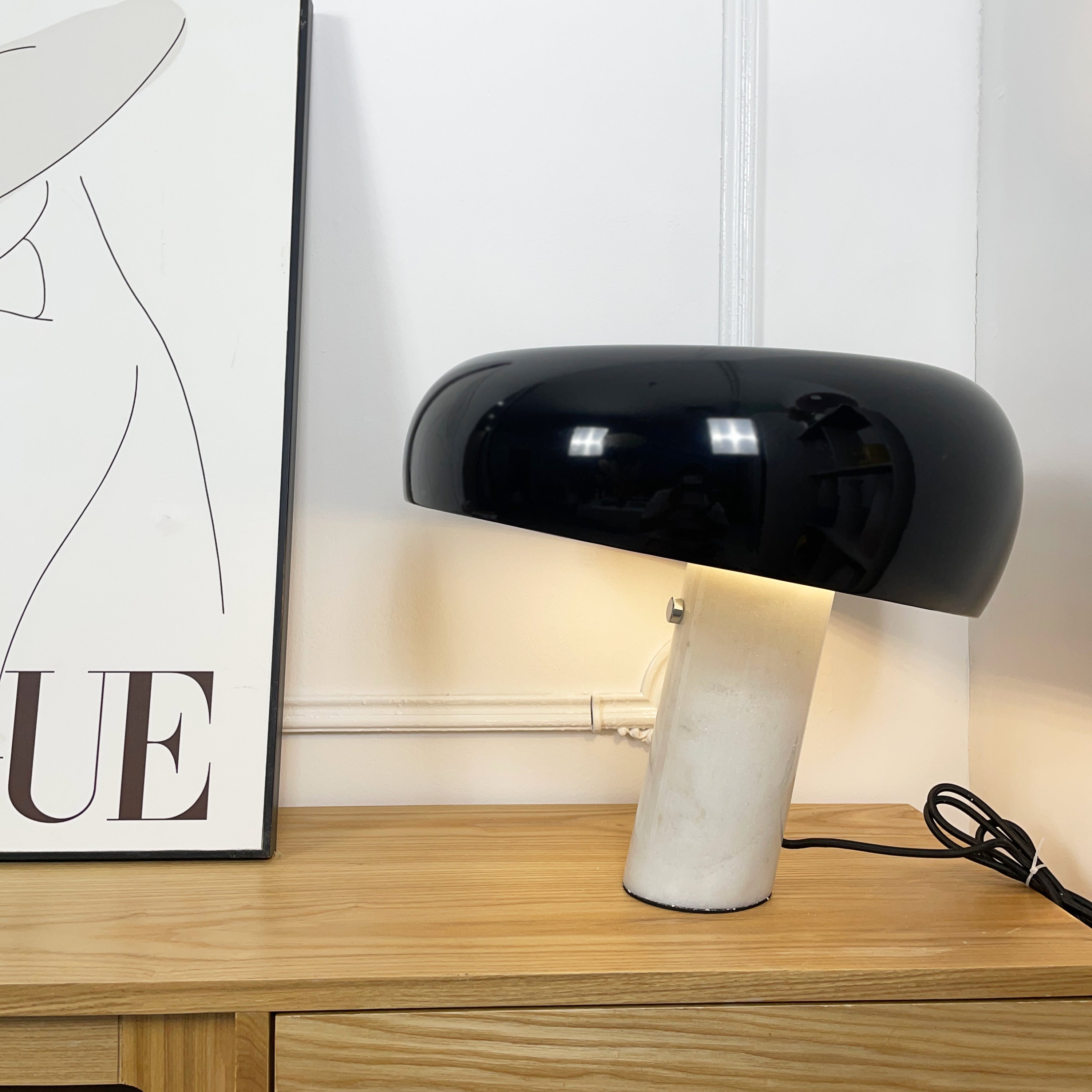 Modern Italian White Carrara Marble Table Lamp with Glazed Metal Mushroom Shade