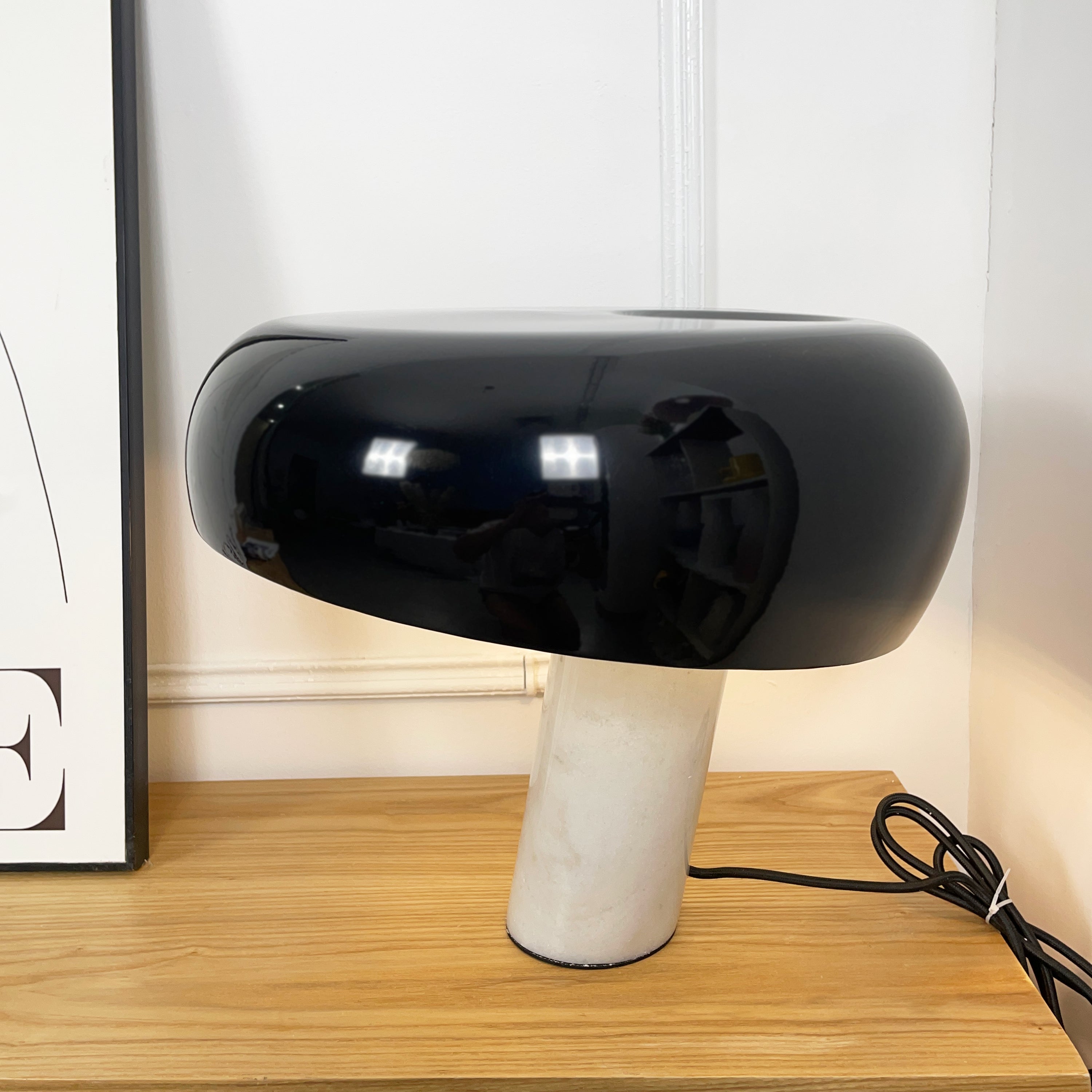 Modern Italian White Carrara Marble Table Lamp with Glazed Metal Mushroom Shade