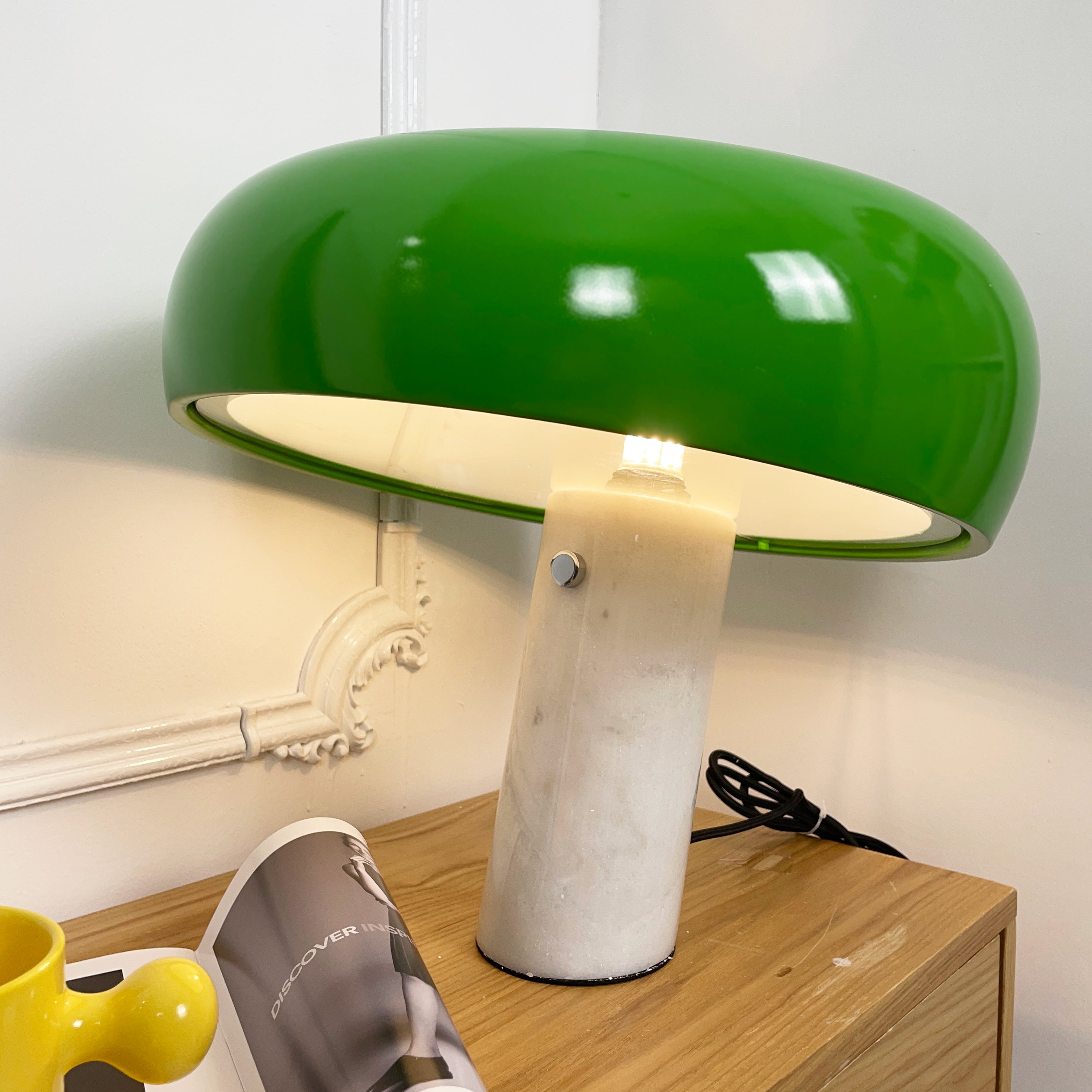 Modern Italian White Carrara Marble Table Lamp with Glazed Metal Mushroom Shade