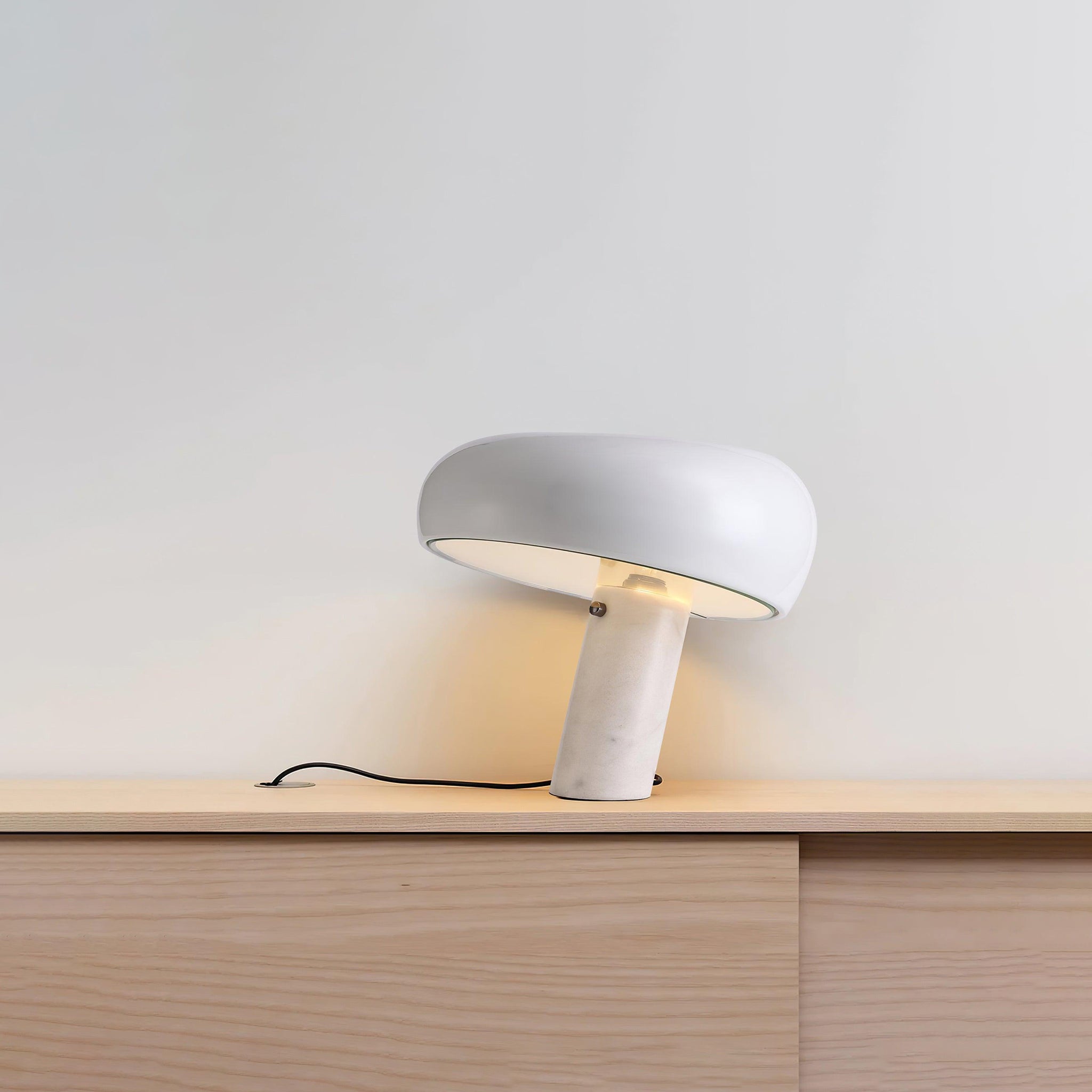 Modern Italian White Carrara Marble Table Lamp with Glazed Metal Mushroom Shade