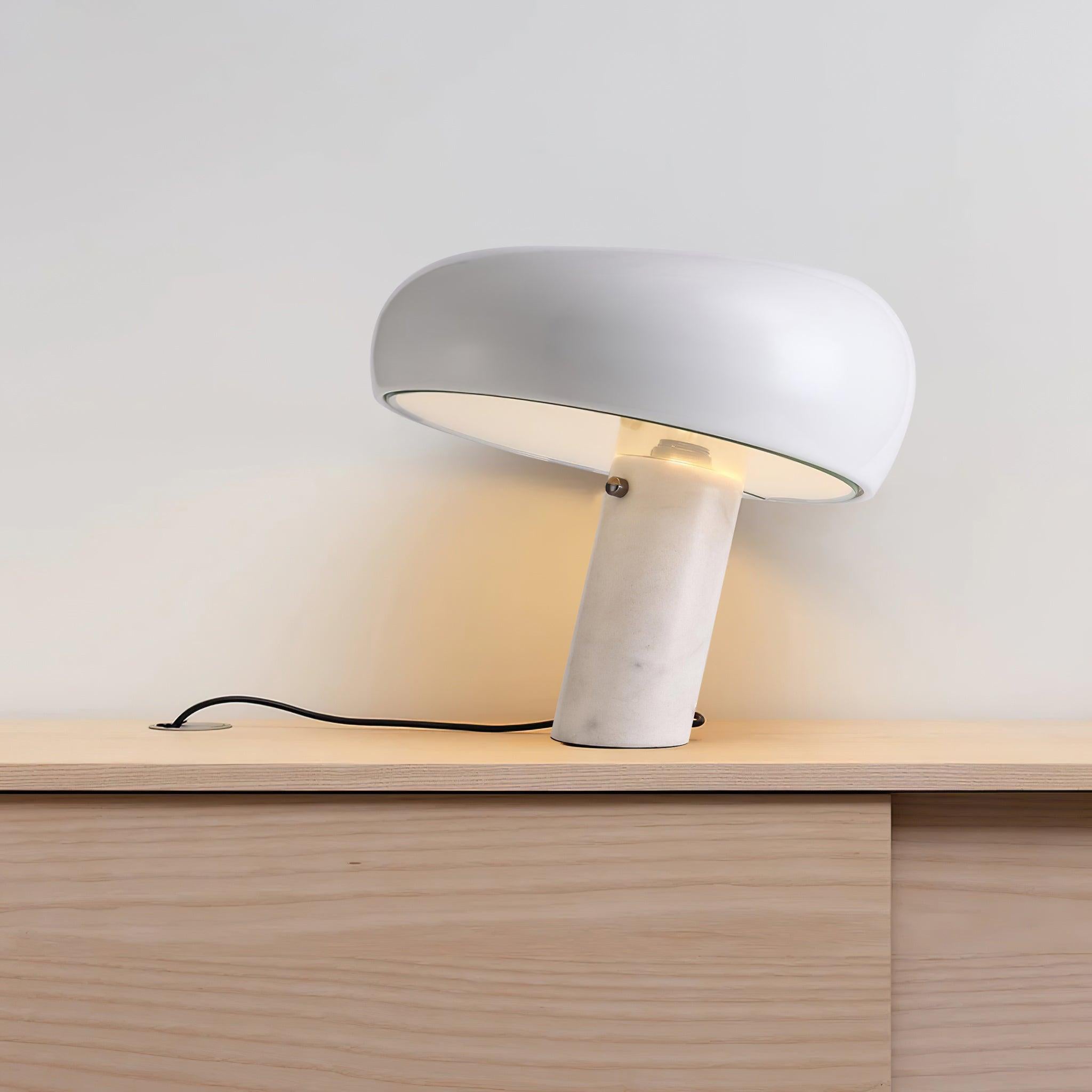 Modern Italian White Carrara Marble Table Lamp with Glazed Metal Mushroom Shade