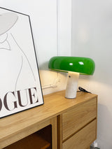 Modern Italian White Carrara Marble Table Lamp with Glazed Metal Mushroom Shade