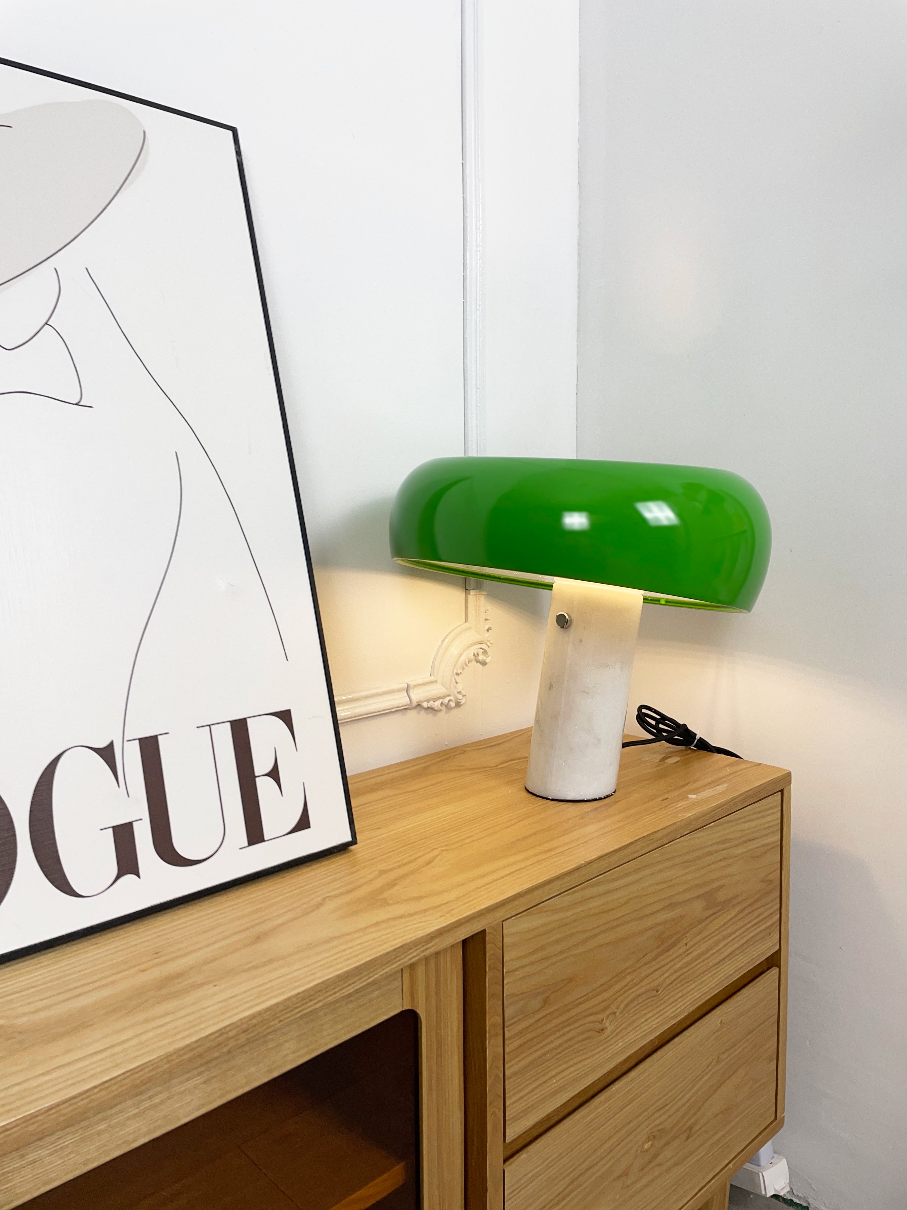 Modern Italian White Carrara Marble Table Lamp with Glazed Metal Mushroom Shade
