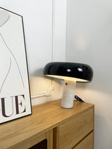 Modern Italian White Carrara Marble Table Lamp with Glazed Metal Mushroom Shade
