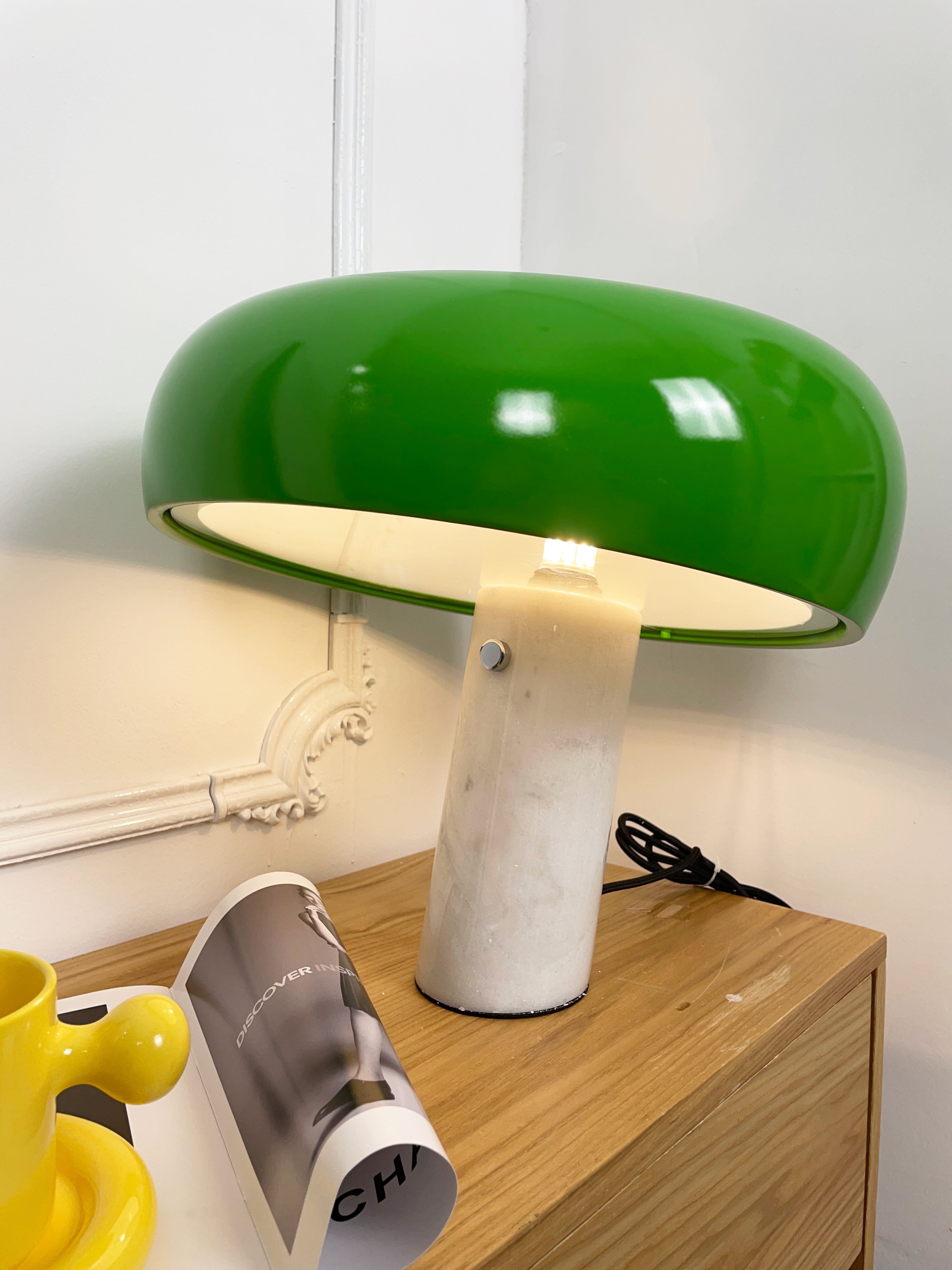 Modern Italian White Carrara Marble Table Lamp with Glazed Metal Mushroom Shade