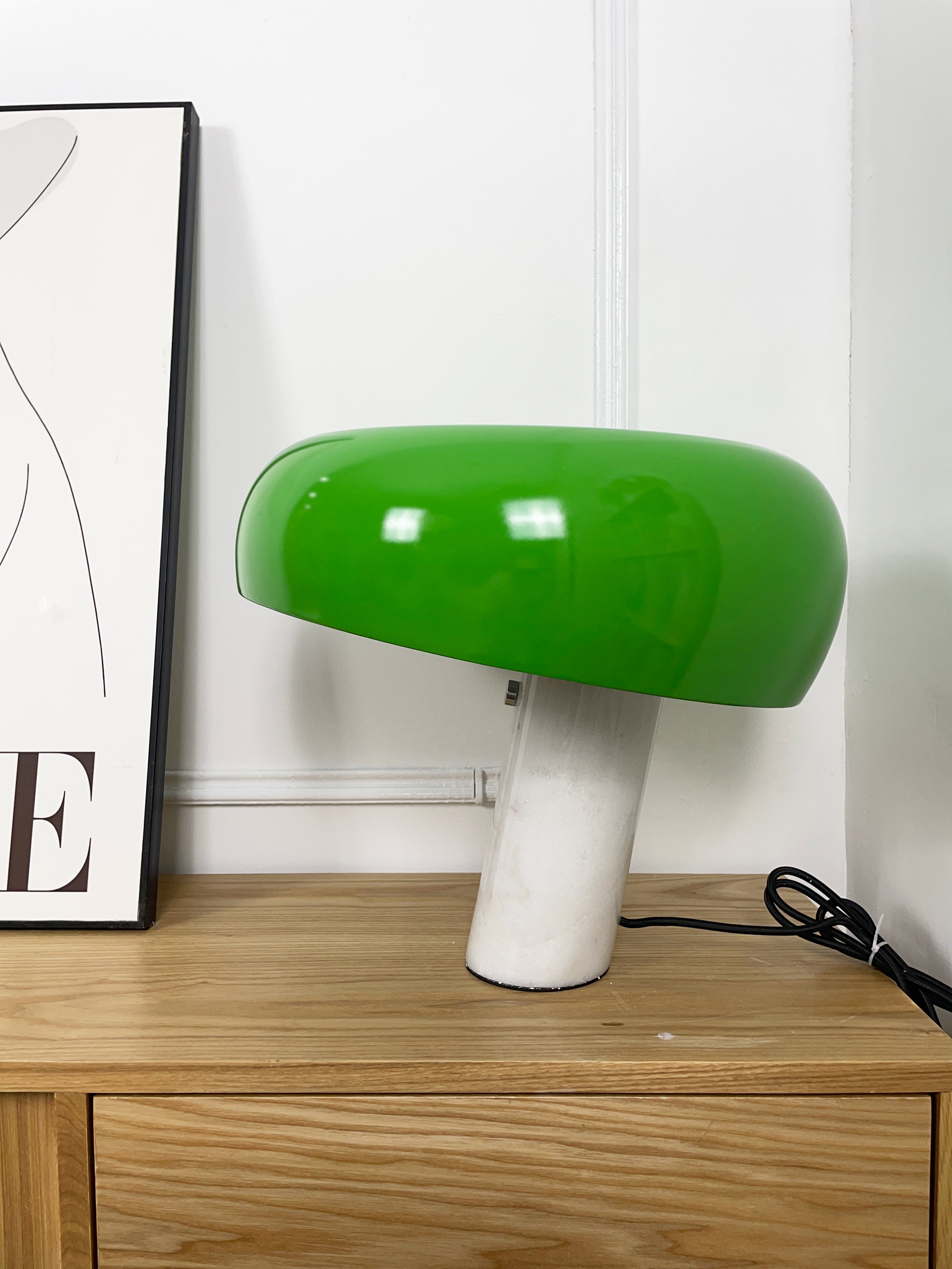 Modern Italian White Carrara Marble Table Lamp with Glazed Metal Mushroom Shade