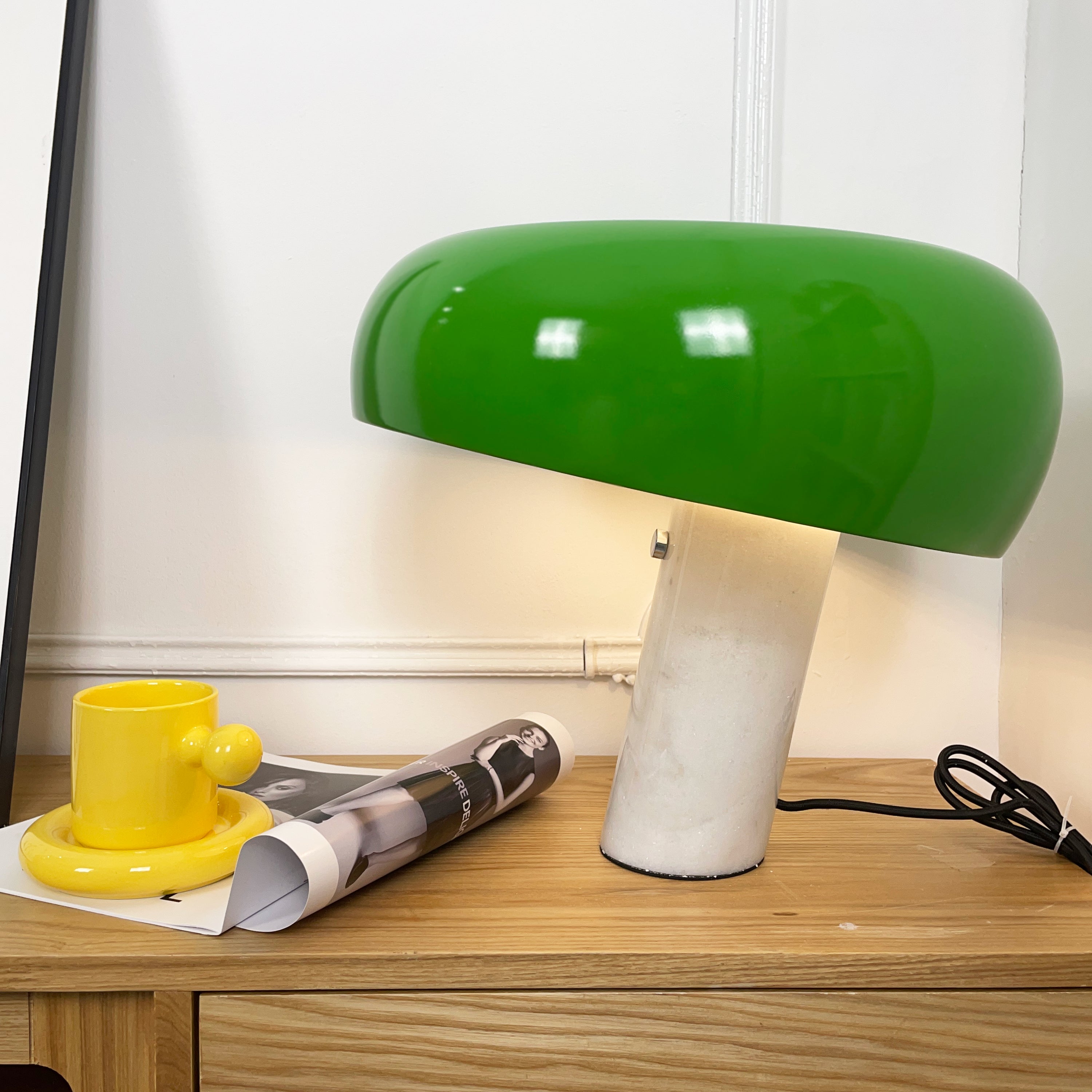 Modern Italian White Carrara Marble Table Lamp with Glazed Metal Mushroom Shade