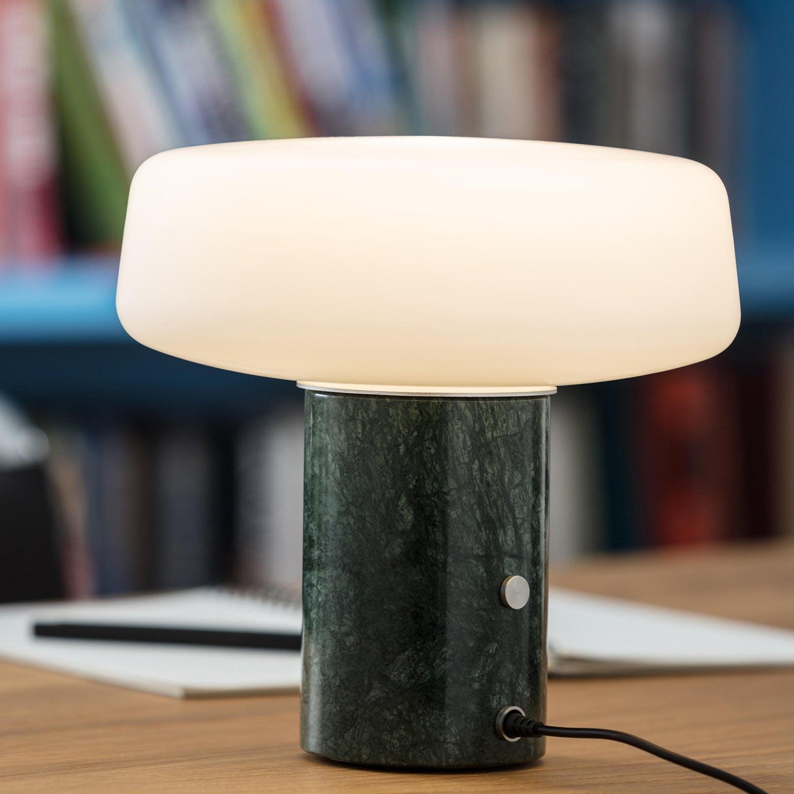 Modern Solid Marble Table Lamp with Hand Blown Glass Shade and Cylindrical Base Accent Lighting