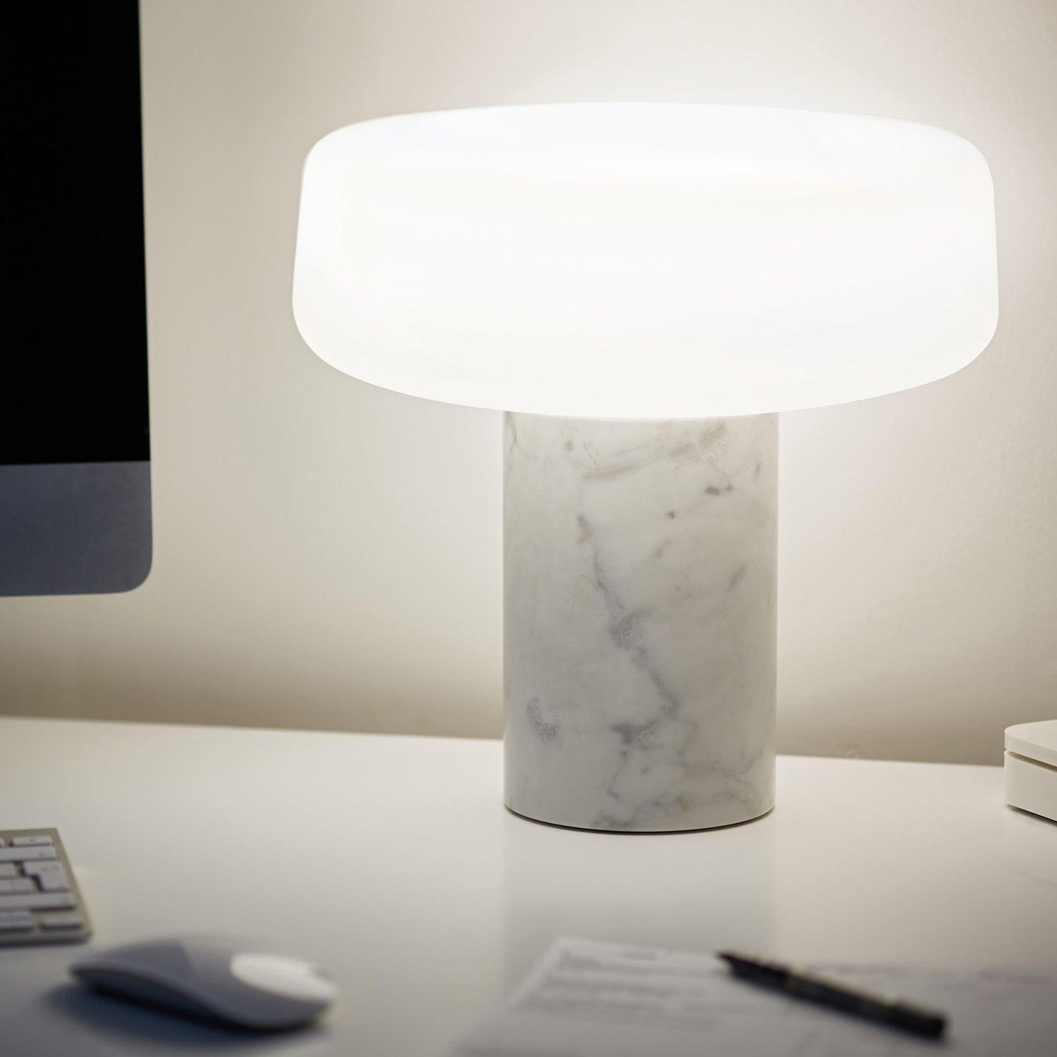 Modern Solid Marble Table Lamp with Hand Blown Glass Shade and Cylindrical Base Accent Lighting
