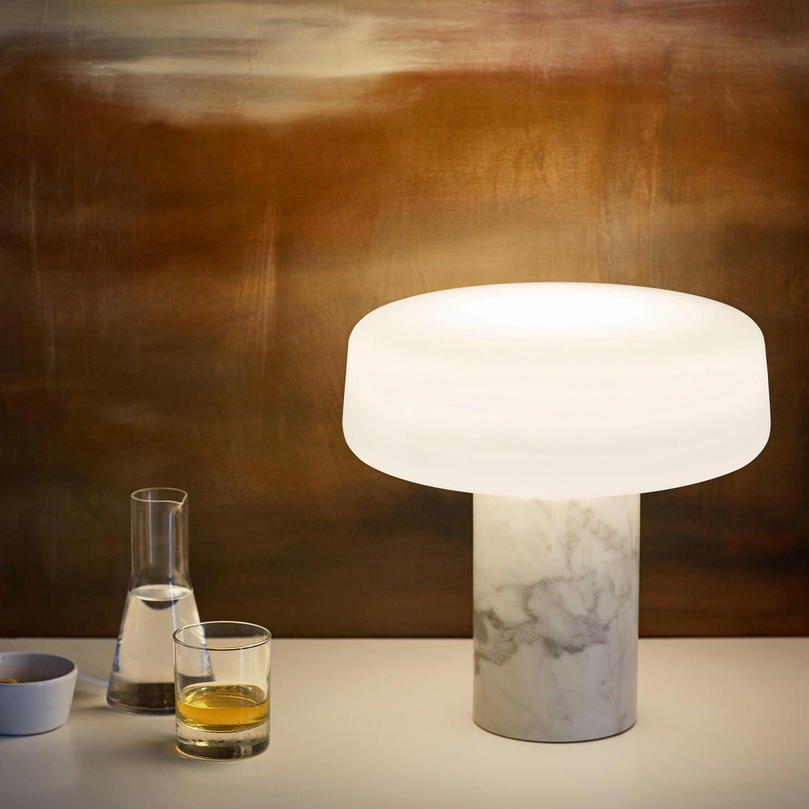 Modern Solid Marble Table Lamp with Hand Blown Glass Shade and Cylindrical Base Accent Lighting