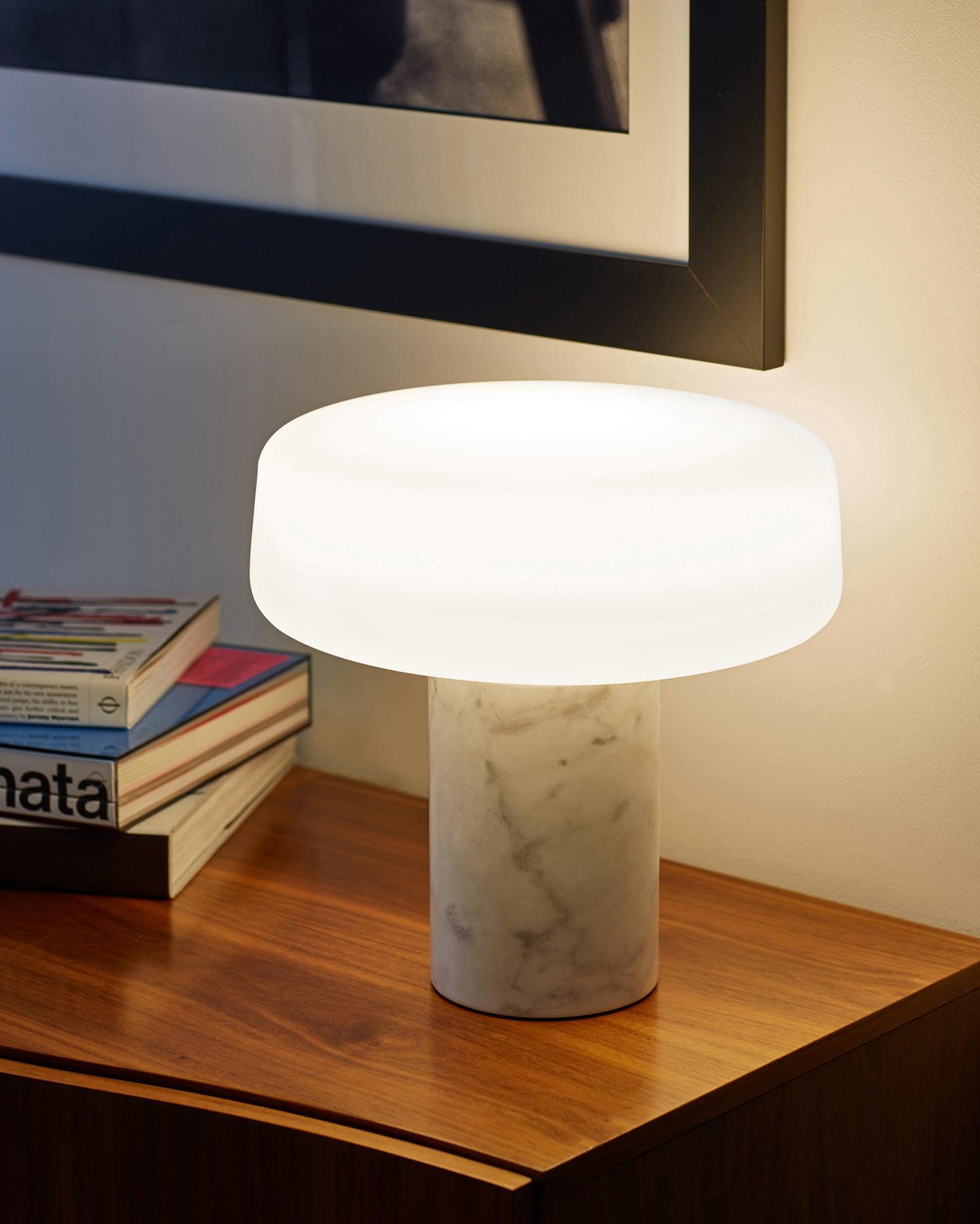 Modern Solid Marble Table Lamp with Hand Blown Glass Shade and Cylindrical Base Accent Lighting
