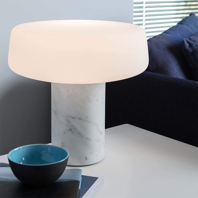 Modern Solid Marble Table Lamp with Hand Blown Glass Shade and Cylindrical Base Accent Lighting